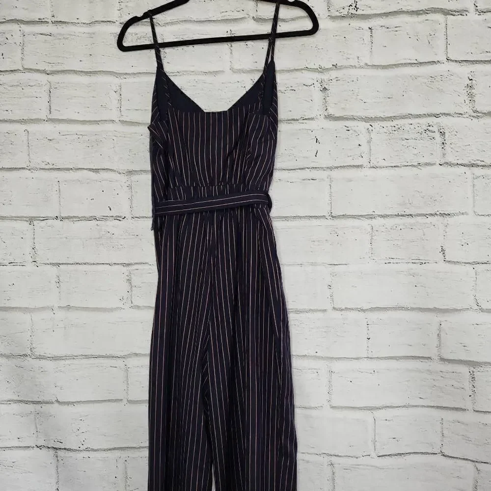 Cupcakes & Cashmere Bonita Pinstripe Front Tie Waist Jumpsuit Blue Tan Small